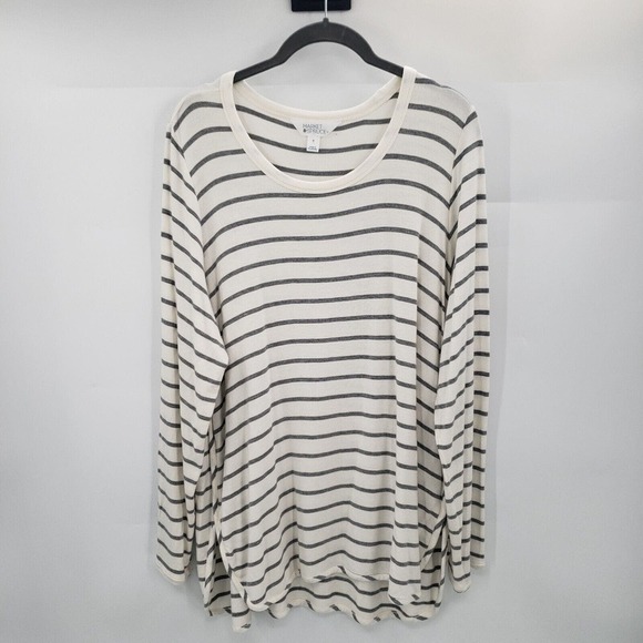 Market & Spruce 1x Striped Knit Top Womens Plus Long Sleeve Cream Black Tunic - Picture 11 of 11